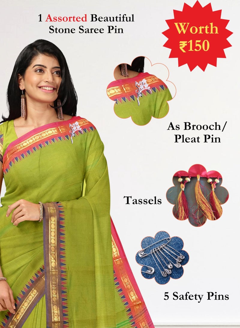 NandaVanam Women's Chettinad Cotton Sarees | Handloom Saree with Blouse | Pure Cotton Sarees for Women Daily use and All Occasion Wear| Soft, Comfort Cotton Saree (Greencross1) - Image 3