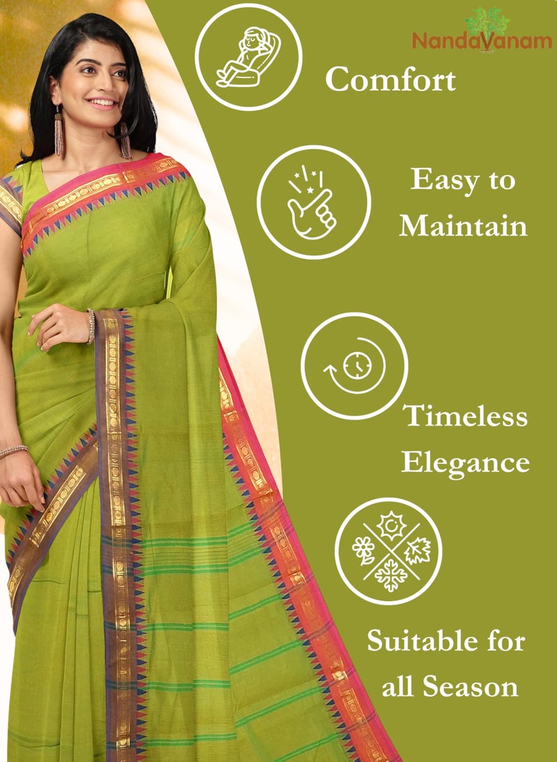 NandaVanam Women's Chettinad Cotton Sarees | Handloom Saree with Blouse | Pure Cotton Sarees for Women Daily use and All Occasion Wear| Soft, Comfort Cotton Saree (Greencross1) - Image 4