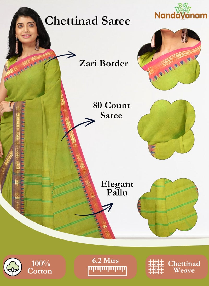 NandaVanam Women's Chettinad Cotton Sarees | Handloom Saree with Blouse | Pure Cotton Sarees for Women Daily use and All Occasion Wear| Soft, Comfort Cotton Saree (Greencross1) - Image 2