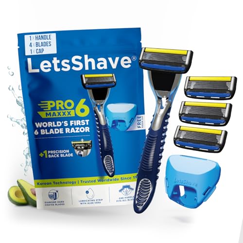 LetsShave Pro 6 Maxxx – world’s 1st 6 blade razor for men, Precision Back Blade | 1 Handle + 4 Cartridge + Travel Cap | Open-Flow Anti-Clog | Micro-Span Curved Blades | Common Docking Fits Pro 4/5/6/7 - Image 1