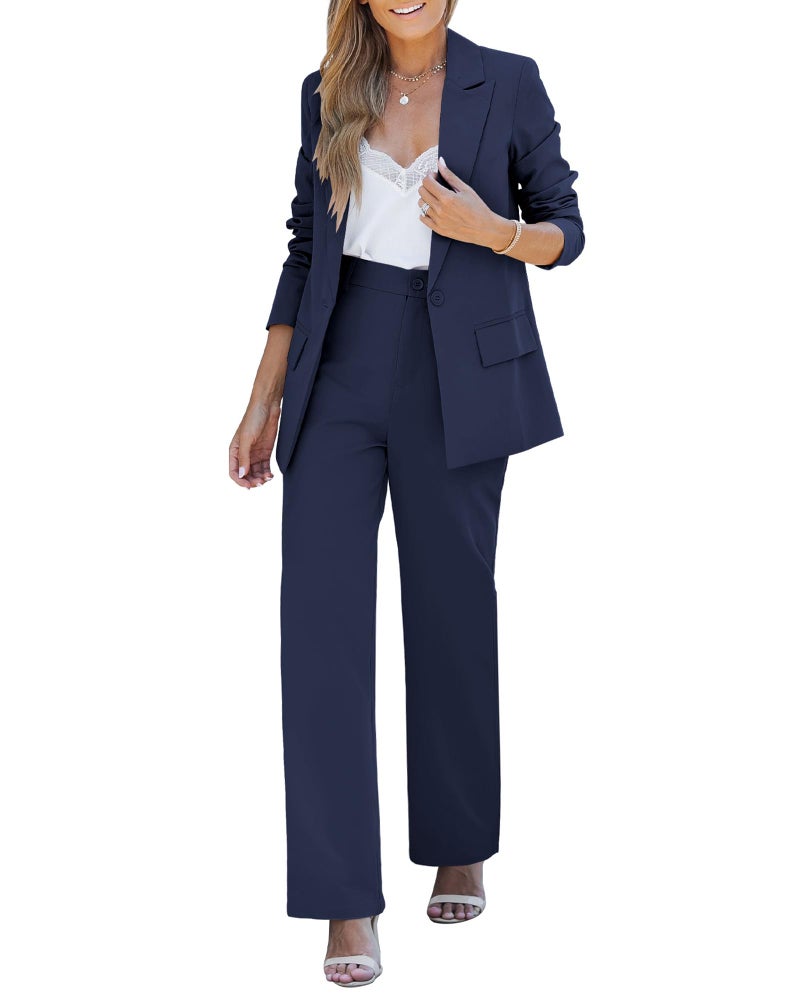 LookbookStore Ladies Elegant Blue Two Piece Suit Professional Womens Navy Blue Two Piece Set Size Large