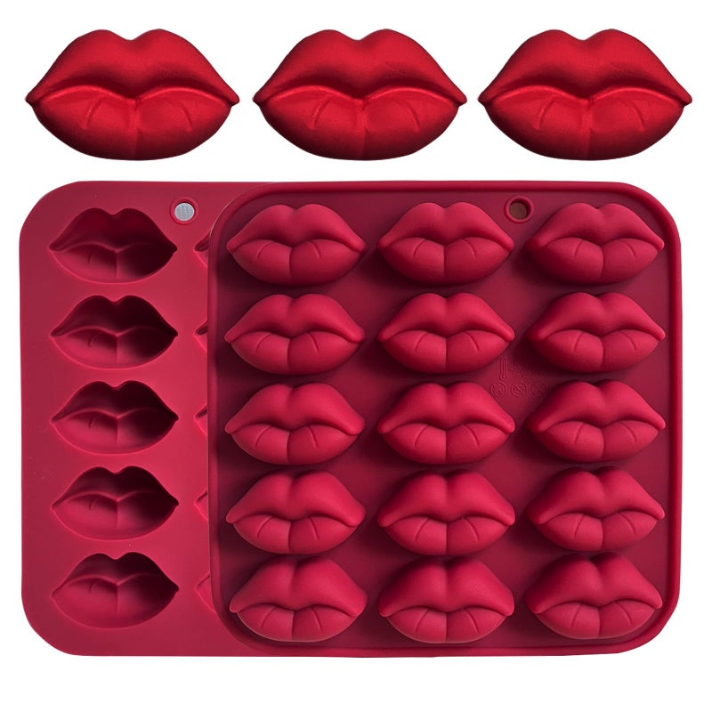 Copzievkae 2PCS Lip Chocolate Mold, Lip Silicone Mold 15 Cavity Holiday's Day Chocolate Mold For Baking, Candy, Candles, Ice Cube, Wedding Party, Red - Image 1