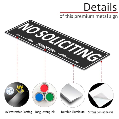 i-CowFun (2 Pack) Premium Metal Self-Adhesive No Soliciting Sign for Front Door, 7.5 x 2.5 Inches Aluminum No Solicitation Signs for House, Business, Home, Office, Window, No Fade, Rust Free - Image 4