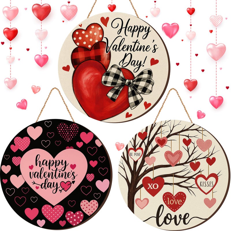 Memorywuu 3 Pcs Valentines Day Decorations Door Sign Love Heart Welcome Wooden Hanging Sign Happy Valentine's Day Wood Wreath with Rope for Front Door Outdoor Farmhouse Porch Party Decor - Image 1
