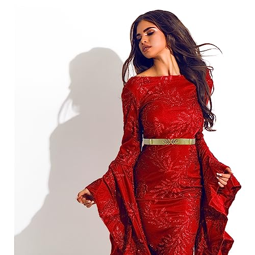 REDHORNS Elastic Fabric Waist Belt for Women Dresses Leaf Design Stretchy Slim Ladies Belt for Saree Girls Jeans - Free Size (LD22S_Gold) - Image 4