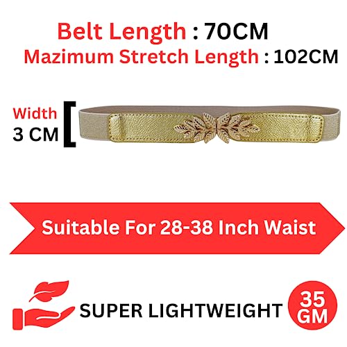 REDHORNS Elastic Fabric Waist Belt for Women Dresses Leaf Design Stretchy Slim Ladies Belt for Saree Girls Jeans - Free Size (LD22S_Gold) - Image 3