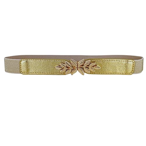 REDHORNS Elastic Fabric Waist Belt for Women Dresses Leaf Design Stretchy Slim Ladies Belt for Saree Girls Jeans - Free Size (LD22S_Gold) - Image 1