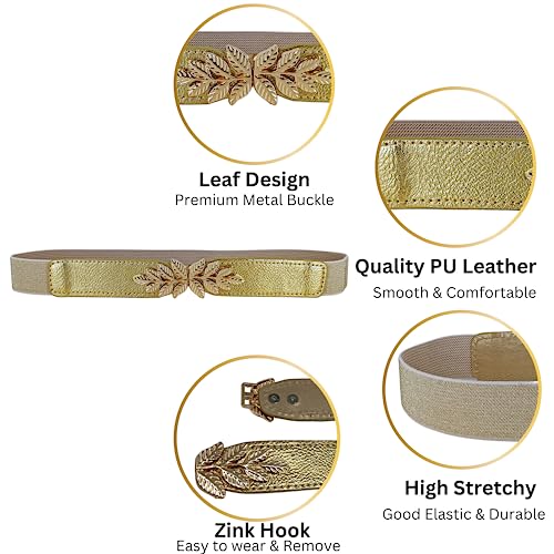 REDHORNS Elastic Fabric Waist Belt for Women Dresses Leaf Design Stretchy Slim Ladies Belt for Saree Girls Jeans - Free Size (LD22S_Gold) - Image 2