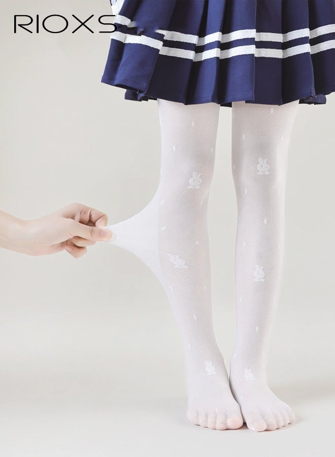 RIOXS Baby Girls Lace Tights, Summer Thin Stretch Footed Leggings with Bowknot, Soft Breathable Toddler Girls' Stockings with Rabbit Patternfor Performance Party Wedding, White - Image 2