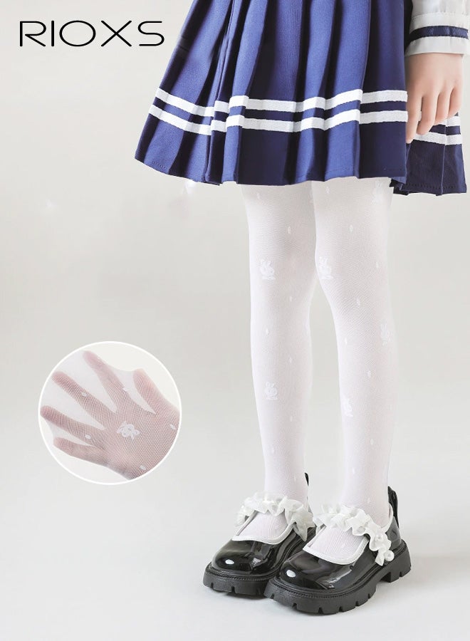 RIOXS Baby Girls Lace Tights, Summer Thin Stretch Footed Leggings with Bowknot, Soft Breathable Toddler Girls' Stockings with Rabbit Patternfor Performance Party Wedding, White - Image 1