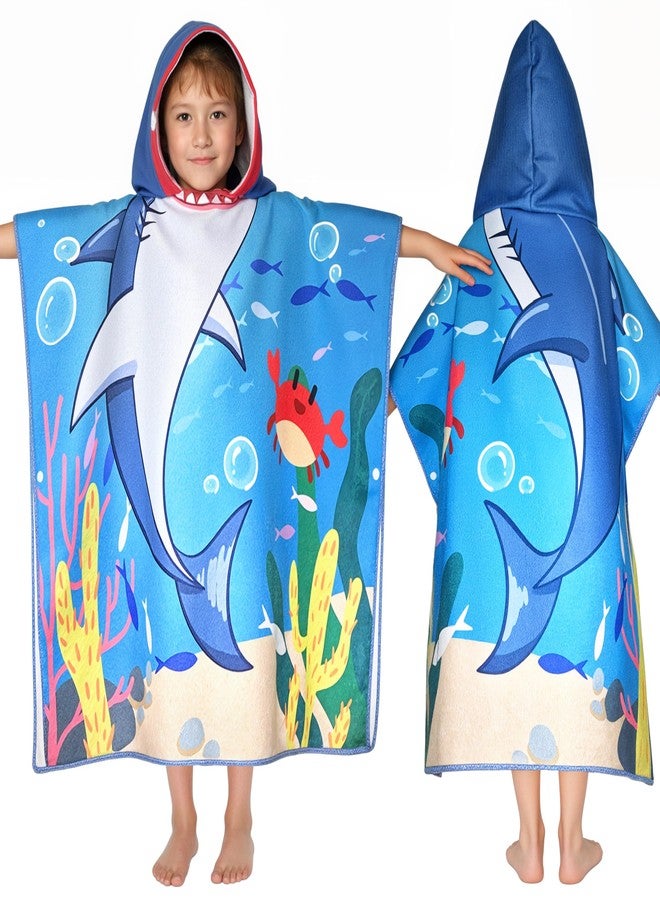 Ythuil Shark Beach Towel, Hooded Towel for Ages 3 to 10 Toddlers, Shark Gifts for Boys Girls, Toddler Swim Cover Up 30"x 25" for Beach Pool, Ocean Themed Bath Robe for Kids with Backpack - Image 1