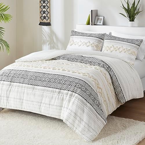 Hyde Lane Hyde Lane Farmhouse Bedding Comforter Sets Ivory FullQueen Size Boho Bed SetCotton Top with Modern Neutral Style Clipped Jacquard Stripes 3Pieces Including Pillow Shams 90x90 Inches 