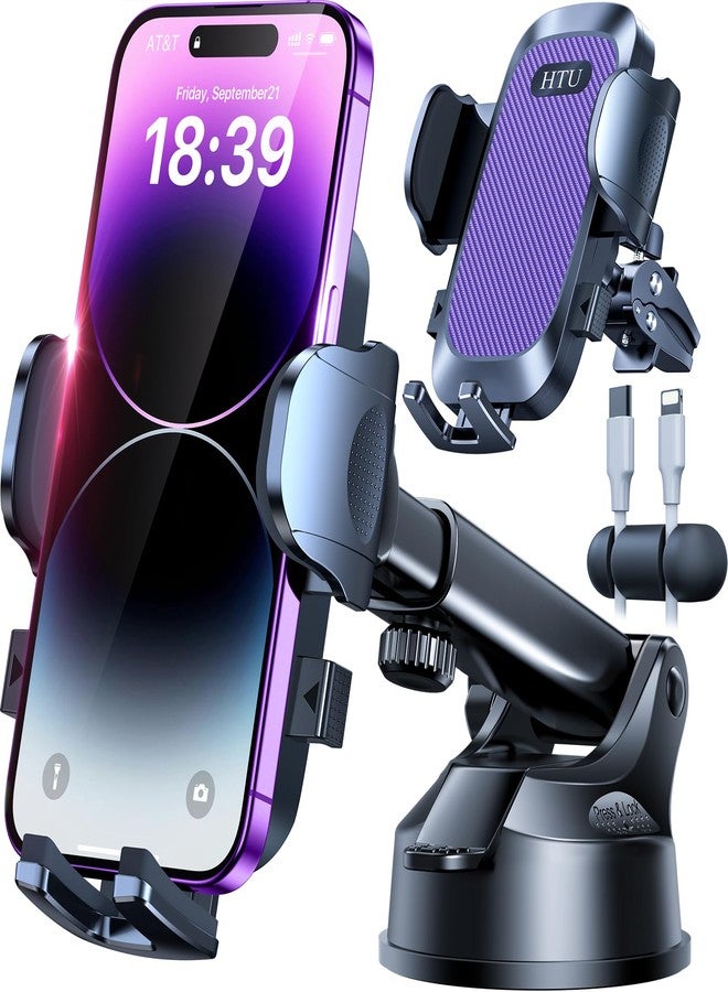 HTU [True Military-Grade] Car Phone Holder【2024 Stronger Suction & Clip】 Universal Cell Phone Holder for Car Mount for Dashboard Windshield Air Vent Long Arm Cell Phone Car Mount Thick Case,Purple - Image 1