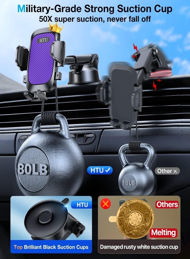 HTU [True Military-Grade] Car Phone Holder【2024 Stronger Suction & Clip】 Universal Cell Phone Holder for Car Mount for Dashboard Windshield Air Vent Long Arm Cell Phone Car Mount Thick Case,Purple - Image 2