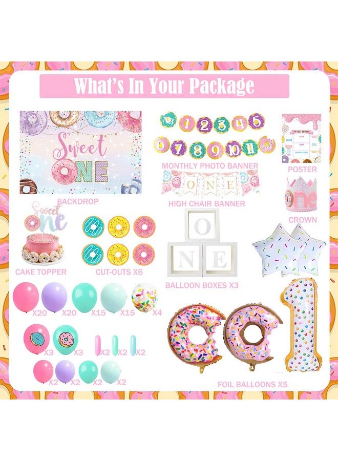 Hombae 121 Pcs Sweet One Birthday Party Decorations Hombae Donut 1St Party Decorations For Girl Backdrop Balloon Garland Monthly Photo High Chair Banner Cake Topper Box Cutout Poster Crown Patel Colorful - Image 3
