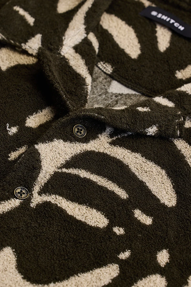 سنيتش Dark Olive Green Tropical Short Sleeve Boxy Shirt