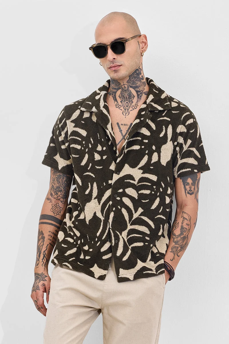 سنيتش Dark Olive Green Tropical Short Sleeve Boxy Shirt