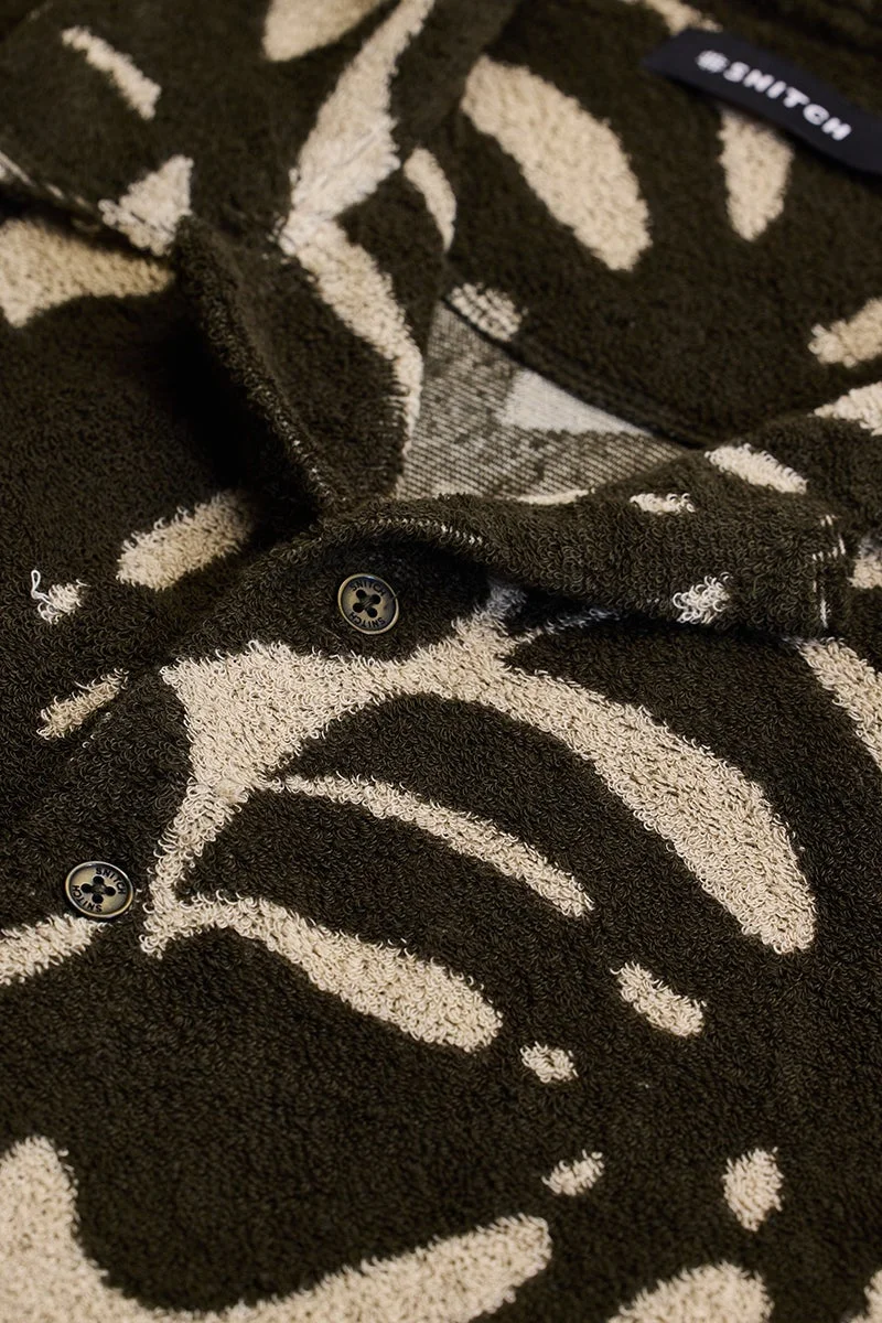سنيتش Dark Olive Green Tropical Short Sleeve Boxy Shirt