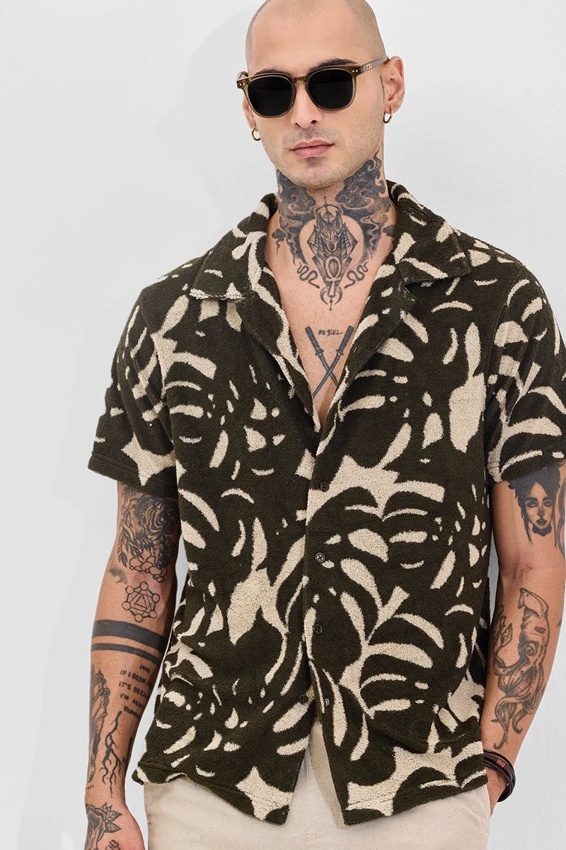 سنيتش Dark Olive Green Tropical Short Sleeve Boxy Shirt