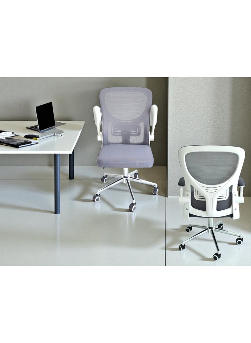 مالتي هوم فيرنيتشر كرسي مكتب منزلي من Multi Home Furniture باللونين الأبيض والرمادي - كرسي مريح مع دعم للظهر، ومساند ذراعين قابلة للطي، وارتفاع قابل للتعديل، كرسي ألعاب، كرسي مكتب دوار، كرسي كمبيوتر، كرسي مكتب للاستخدام المنزلي. - Image 1