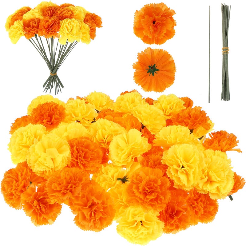 TBoxBo Artificial Marigold Flower Heads Bulk Bunch Fake Halloween with Stems for Party Birthday Diwali DecorationGold and Orange 60 Pieceswith Stems