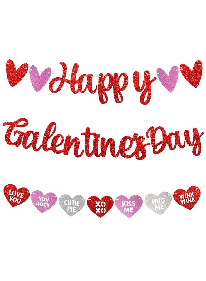 PEUTIER PEUTIER Happy Galentine's Day Banner, Red Heart Garland Banner with String and Needle Tool, Pink Glittery Galentine's Day Decorations  - Image 1