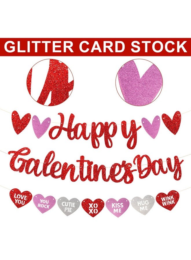 PEUTIER PEUTIER Happy Galentine's Day Banner, Red Heart Garland Banner with String and Needle Tool, Pink Glittery Galentine's Day Decorations  - Image 4