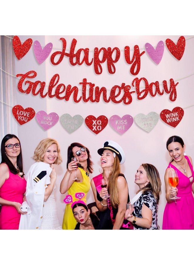 PEUTIER PEUTIER Happy Galentine's Day Banner, Red Heart Garland Banner with String and Needle Tool, Pink Glittery Galentine's Day Decorations  - Image 5