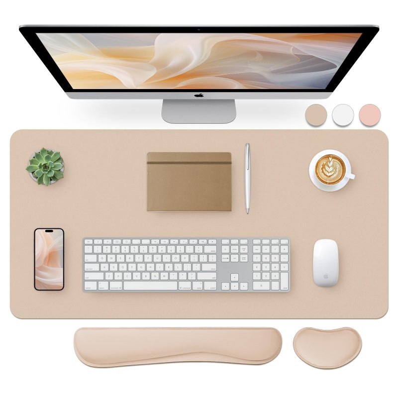 Bloss Leather Desk Pad and Keyboard Wrist Rest, Large Mouse Pad + Keyboard Pad+Mouse Wrist Support, Non-Slip Desk Mat Protector for Office, Home(31.5×15.7 Inches,Beige) - Image 1