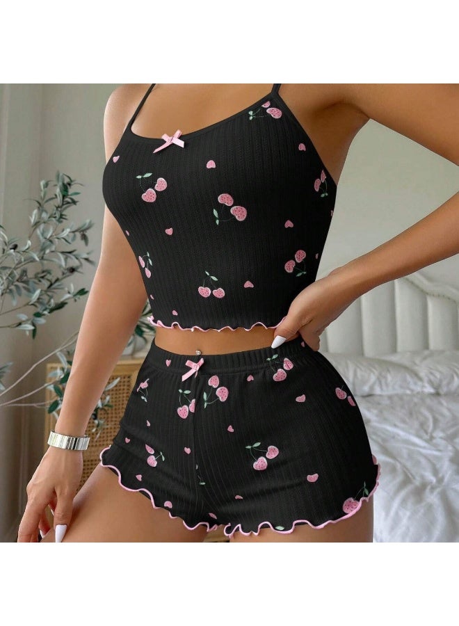 Women Pajama Set Cherry Cute Printed Sleepwear for Ladies Women Nightwear - Image 1