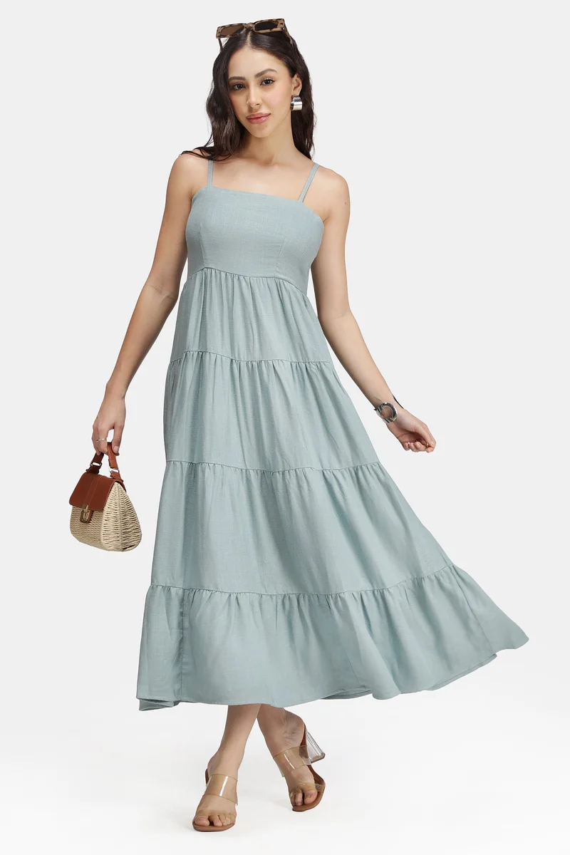 فيرجيو Solid Linen Strappy Maxi Sleeveless Dress for Women
