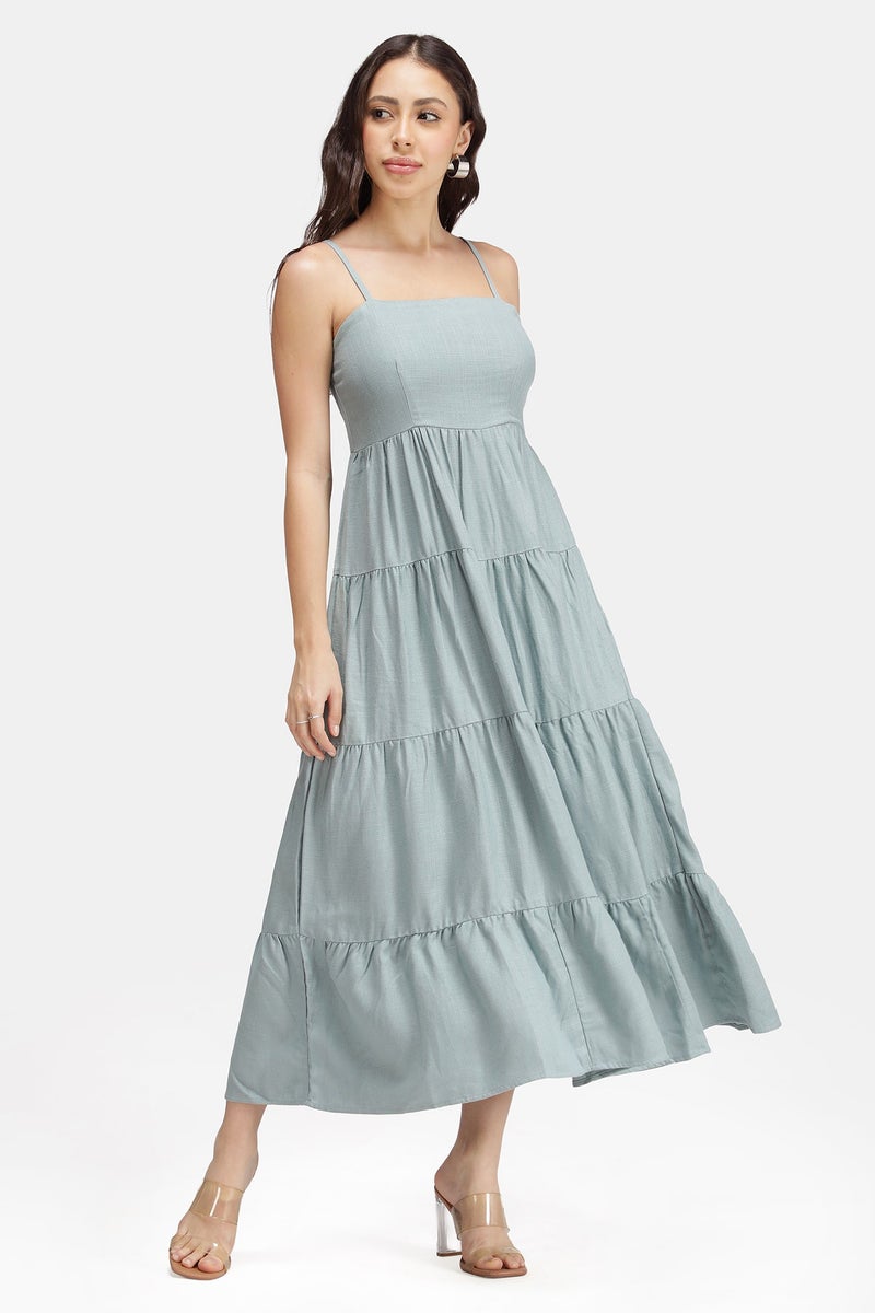 Virgio Solid Linen Strappy Maxi Sleeveless Dress for Women - Image 3