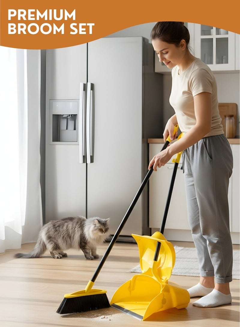 ZESTU Broom and Dustpan Set | Broom with Dustpan | Long Handle Broom & Standing Dustpan | Self Cleaning Dustpan with Teeth | 180° Rotating Heavy Duty Floor Broom | Stainless Steel Handle Cleaning Set for Home, Kitchen, Office & Lobby - Image 1