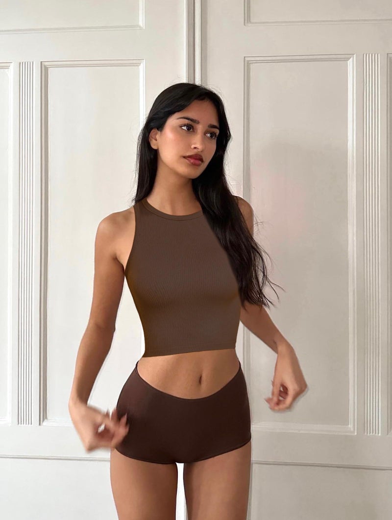 OLCHEE Womens 3 Pack Crop Tank Tops Basic Seamless Ribbed Round High Neck Racerback Workout Top Summer Causal Yoga Gym Shirts - Black Brown Beige X-Large - Image 5