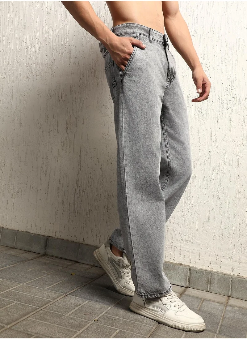 هوبرهولمي Grey Loose Fit Mid-Rise Heavy Fade Cotton Jeans for Men