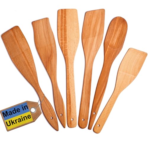 ECOSALL 6 Wooden Spoons for Cooking – Made in Ukraine 100% Natural Healthy Nonstick Wooden Spatula Spoons - Premium Solid Wood Cooking Utensils Set - Strong, Durable Eco Hardwood Beechwood Spoons Set - Image 1