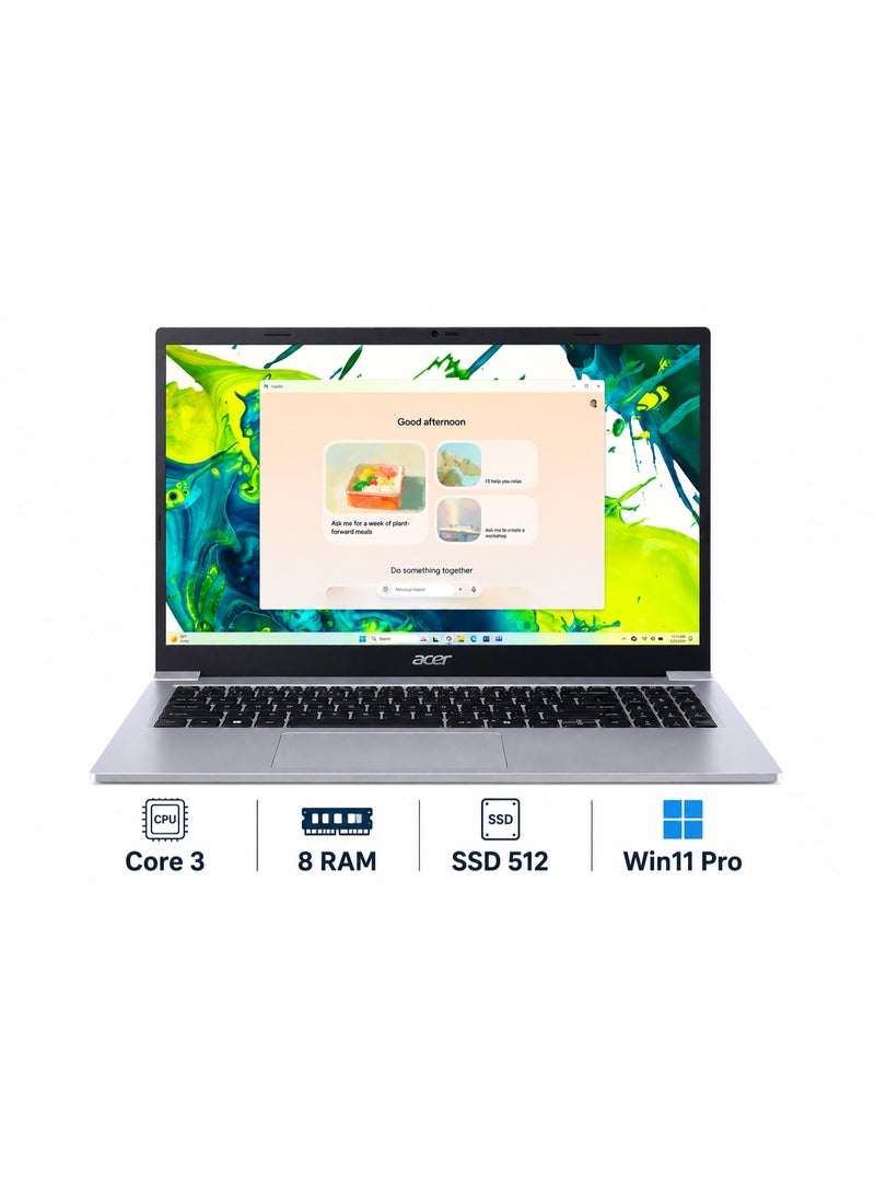 Acer Aspire Lite AL15 (Upgraded Version) Laptop With 15.6 Inch Full HD (1920x1080) Display, Intel Core 3-N350 Processor/8GB RAM DDR4/512GB SSD/ Intel Graphics/Windows 11 Pro / English/ Light Silver Light Silver - Image 1