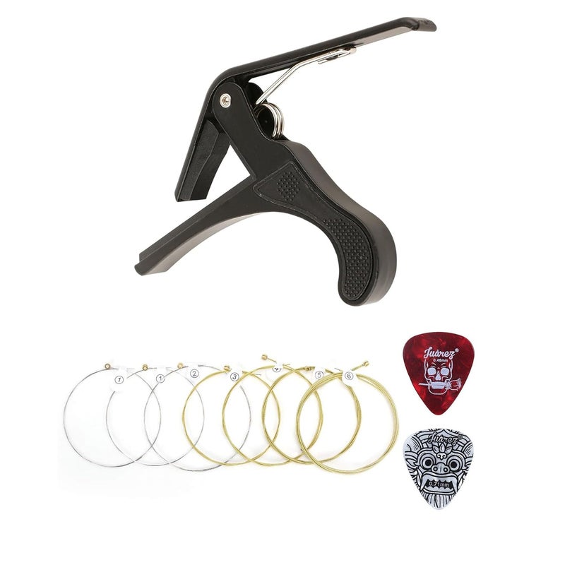 Juarez Juârez One-Handed Trigger Capo Combo with Extra Light Copper Wound Acoustic Guitar Strings (0.010–0.048, 7 Strings), Bright Tone, Includes 2 Picks – For All Acoustic Guitars - Image 1