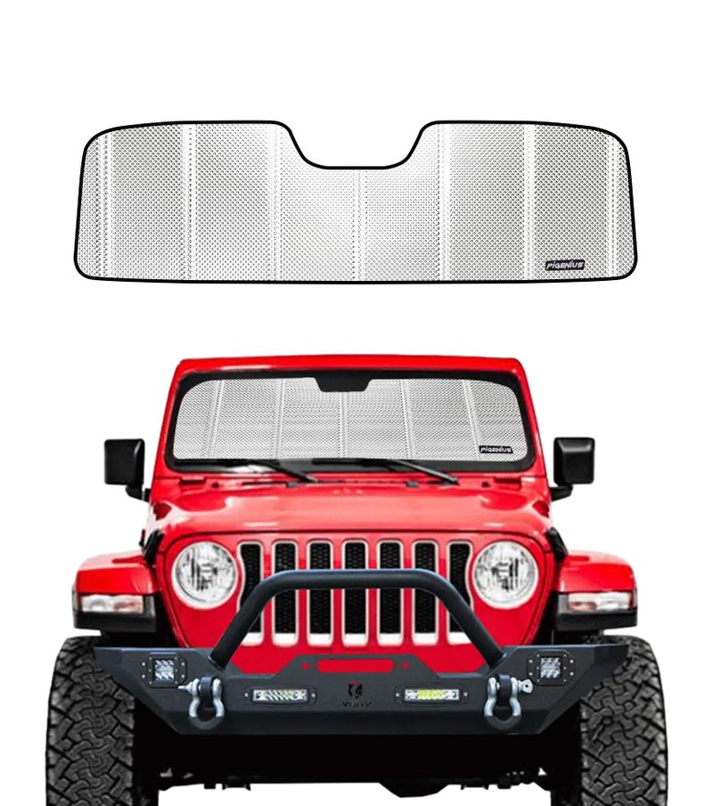 Pigenius Windshield Sun Shade for Jeep Wrangler 20182025 Jeep Gladiator 20202025 Reflective Aluminum Film Front Window Sunshade BLAZBLOCK