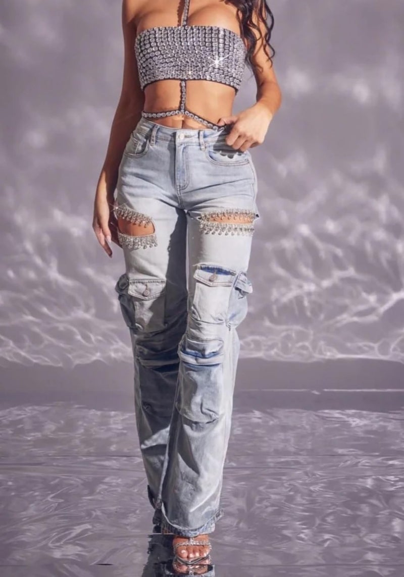 Unybwonn Women Rhinestone Cargo Jeans High Waisted Baggy Sexy Sparkly Cut Out Ripped Distressed Stretchy Denim Pants Blue - Image 4