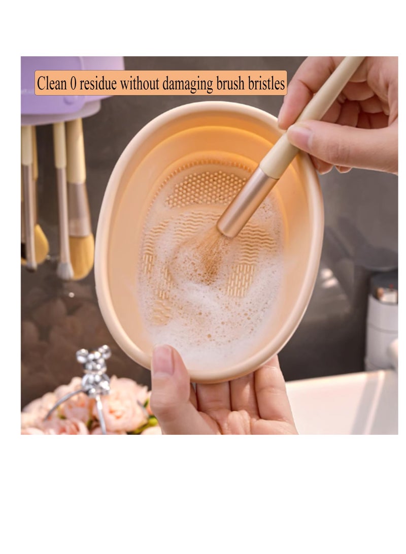 Excefore Makeup Brush Cleaner Mat, 3 in 1 Silicone Makeup Brush Cleaner Bowl with Brush Drying Holder, Cosmetic Brushes Cleaning Tool Organizer for Cleaning, Organizer And Upside Down Drying, Khaki - Image 5