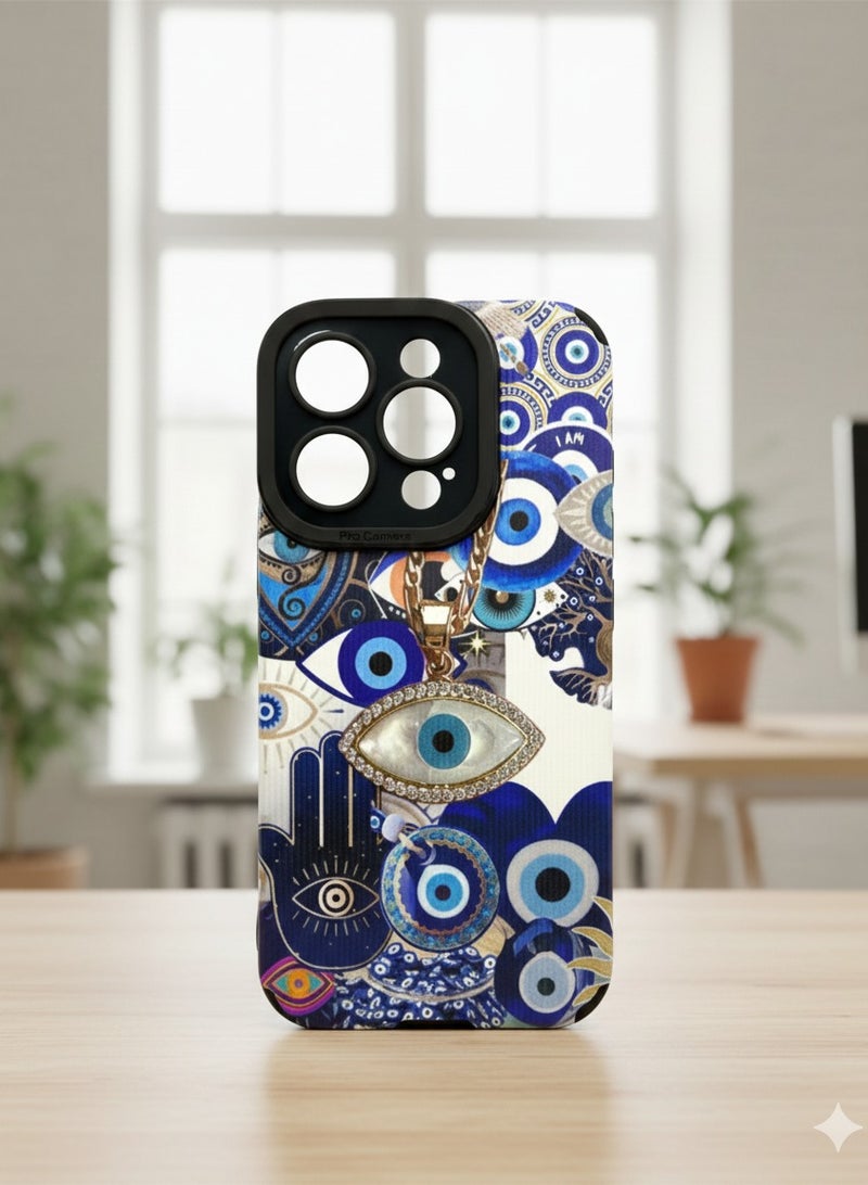 Grace The Azure Amulet: Handcrafted Style Evil Eye Case with Gold Beaded Chain – Protective Hamsa Symbolism – Maximalist Blue & Gold Jewelry printed iphone cover for 16 Pro - Image 1
