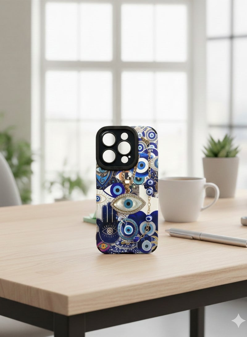 Grace The Azure Amulet: Handcrafted Style Evil Eye Case with Gold Beaded Chain – Protective Hamsa Symbolism – Maximalist Blue & Gold Jewelry printed iphone cover for 16 Pro - Image 2