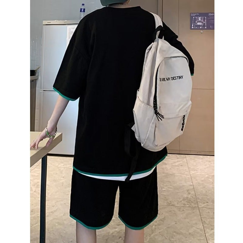 بدلة رياضية غير رسمية للرجال موضة صيفية علامة تجارية عصرية طباعة حرفية بأكمام قصيرة بدلة رجال مع ملابس شبابية أنيقة باللون الأسود - Image 5