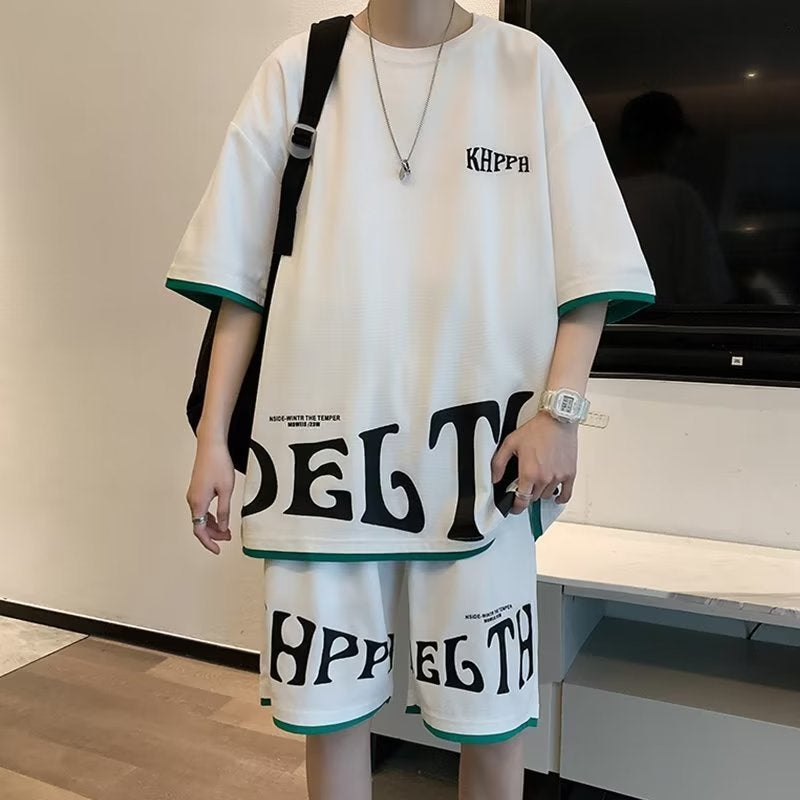 بدلة رياضية غير رسمية للرجال موضة صيفية علامة تجارية عصرية طباعة حرفية بأكمام قصيرة بدلة رجال مع ملابس شبابية أنيقة باللون الأسود - Image 2