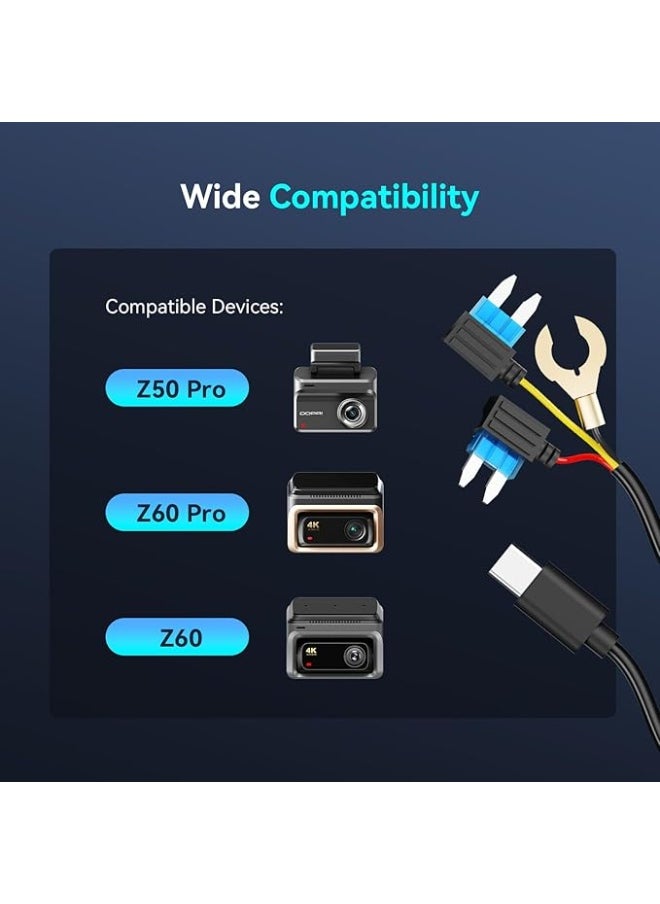 دي دي باي مجموعة DDPAI Dash Camera Hardwire متوافقة مع Z50 Pro و Z60 و Z60 Pro ، مجموعة Hardwire لمراقبة وقوف السيارات على مدار 24 ساعة ، كابل USB من النوع C 10 أقدام ، 12 فولت / 2 أمبير إلى 5 فولت / 3 أمبير  - Image 2
