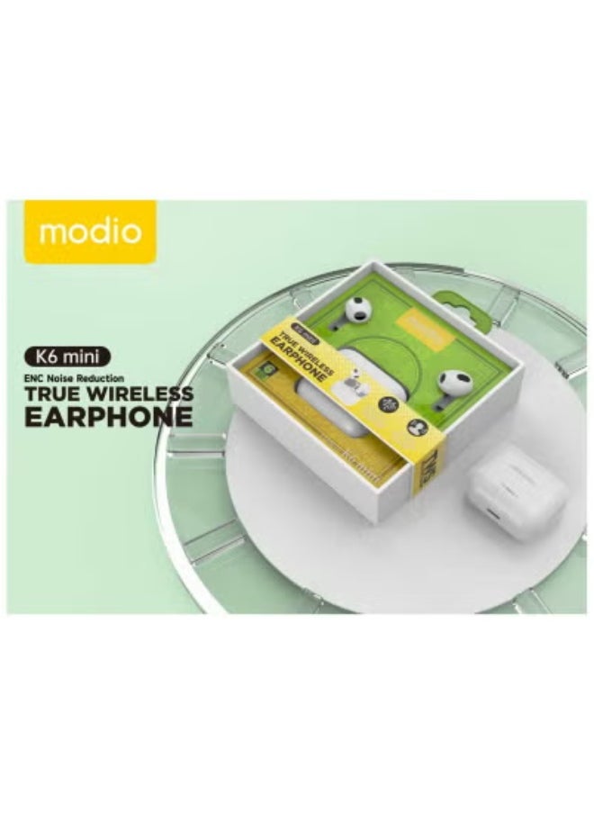 modio - K6 Mini True Wireless Earphones with ENC Noise Reduction – Super Bass Stereo Sound & HD Built-in Mic – Long Battery Life, Ultra-Compact Design for Android & iOS – Comfortable Fit for Music, Gaming & Hands-Free Calls – Touch Controls & USB-C Charging - Image 1