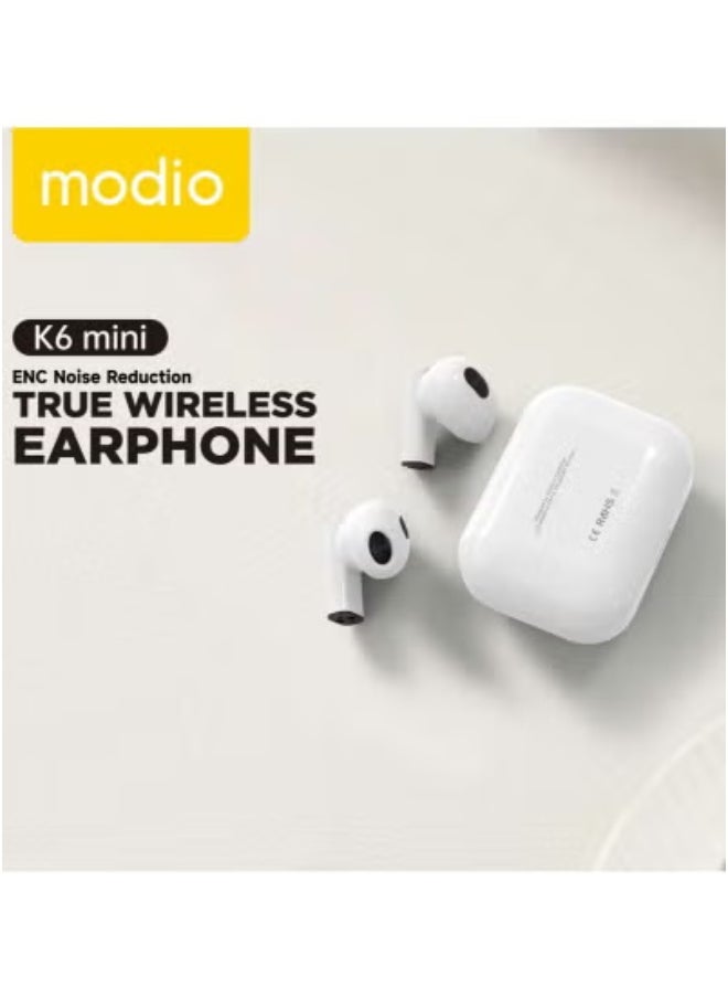 modio - K6 Mini True Wireless Earphones with ENC Noise Reduction – Super Bass Stereo Sound & HD Built-in Mic – Long Battery Life, Ultra-Compact Design for Android & iOS – Comfortable Fit for Music, Gaming & Hands-Free Calls – Touch Controls & USB-C Charging - Image 1