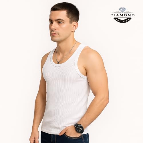Diamond Star Men's Undershirts (Pack of 6) - Soft Cotton Blend, Tag Less A-Shirt Crew Neck - Comfortable Fit (US, Alpha, Large, Regular, Regular, 6 Pack White) - Image 3