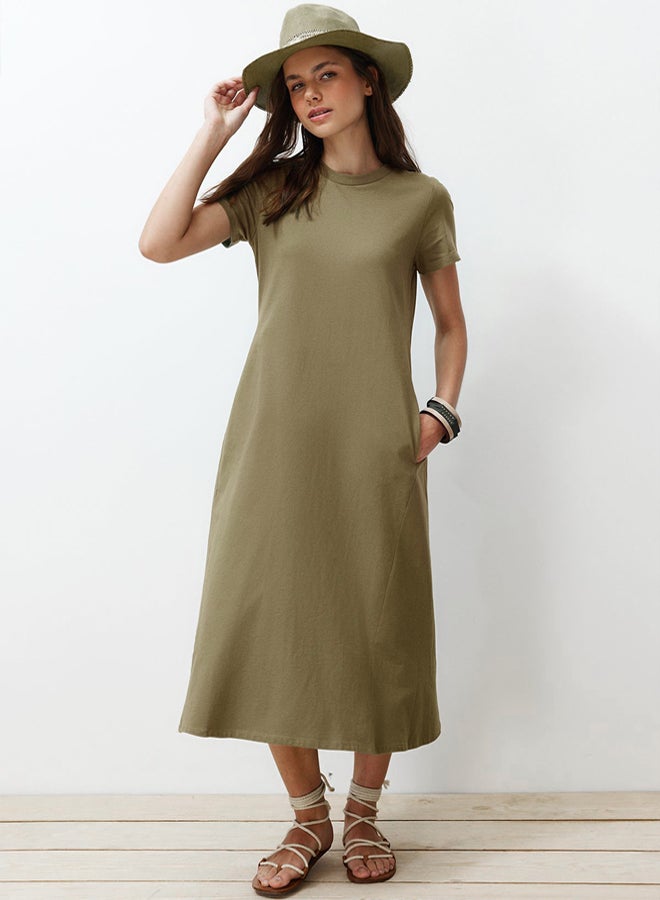 trendyol Khaki Pocket Premium Crew Neck A-Line Knitted Midi Dress - Image 1
